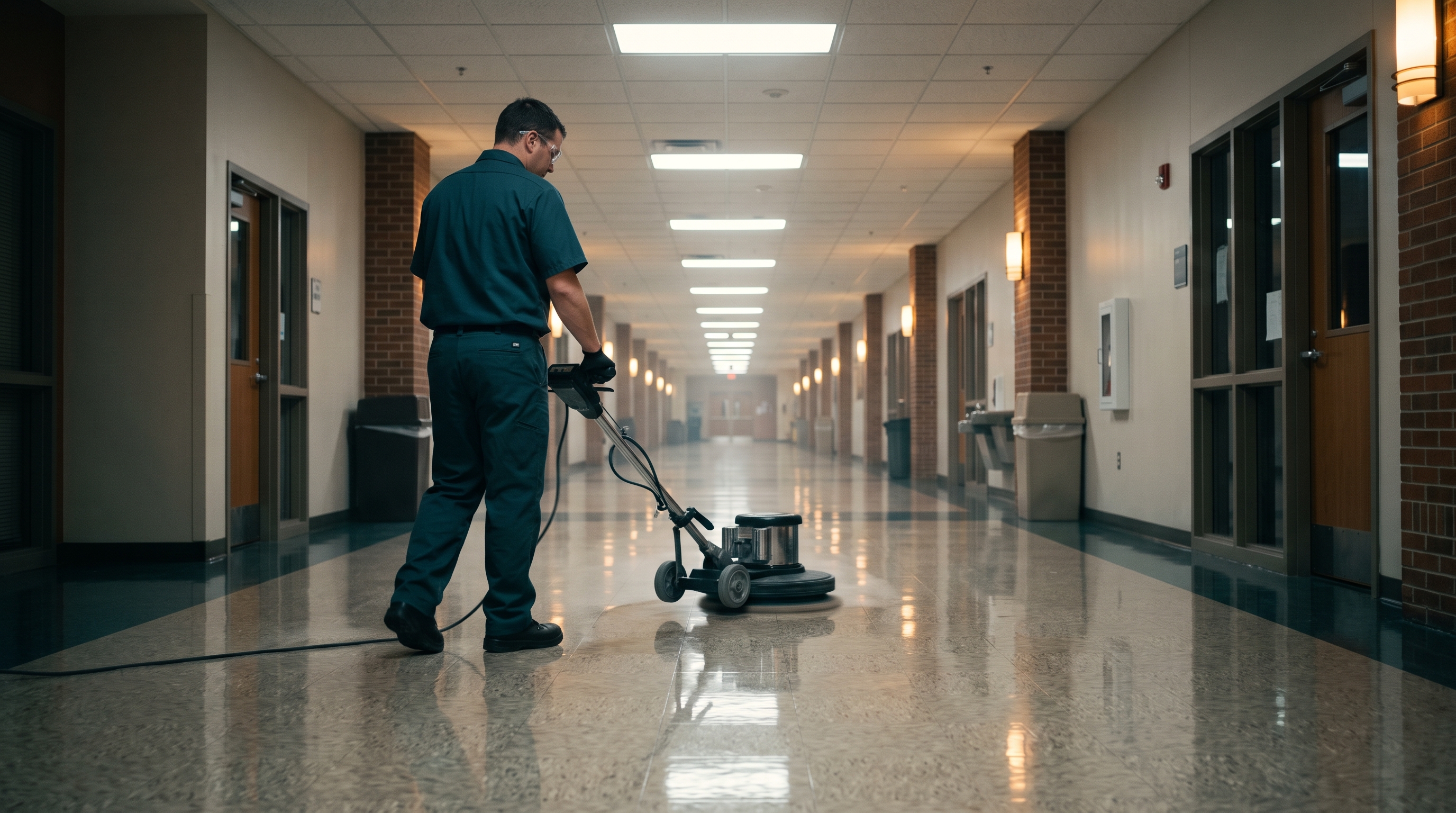 Technician burnishing a glossy commercial hallway floor
