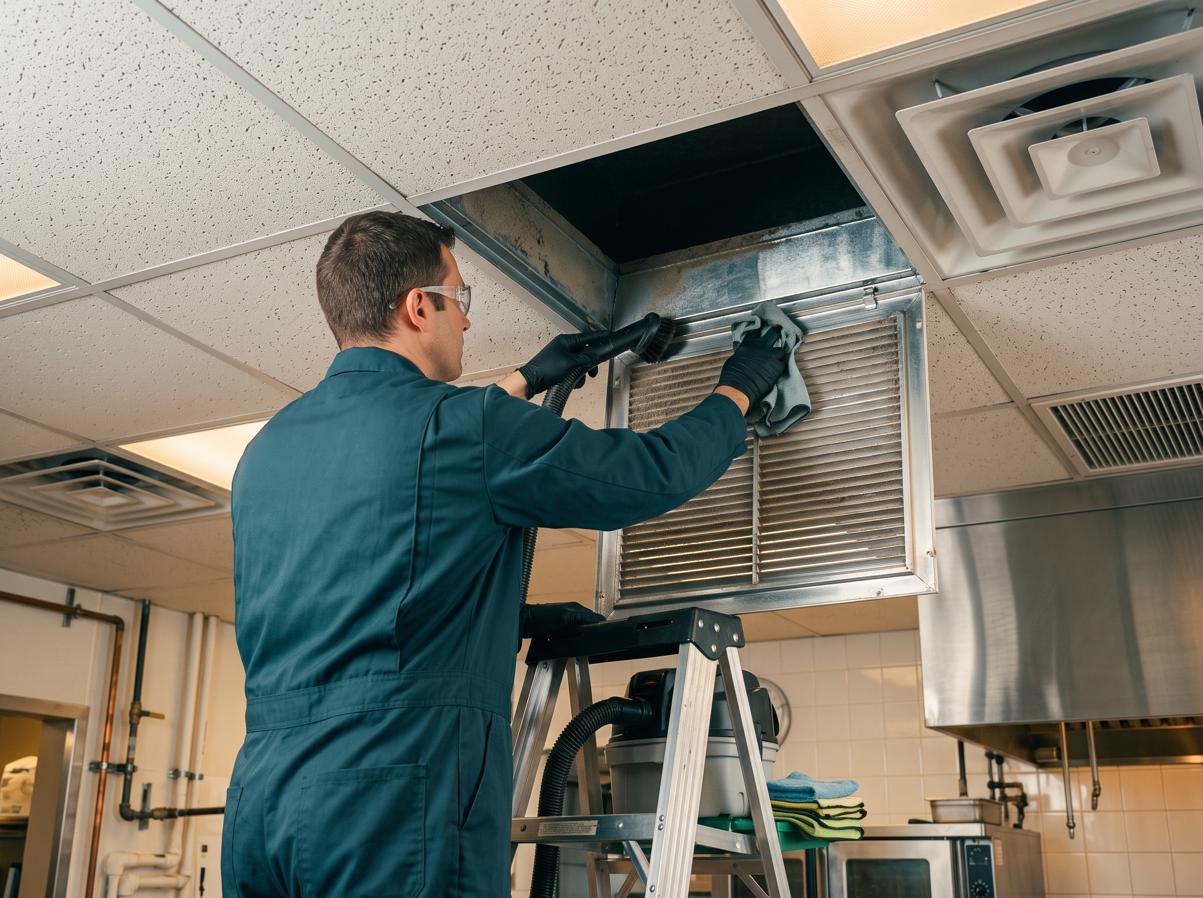 Technician cleaning a ceiling air supply diffuser in a commercial building