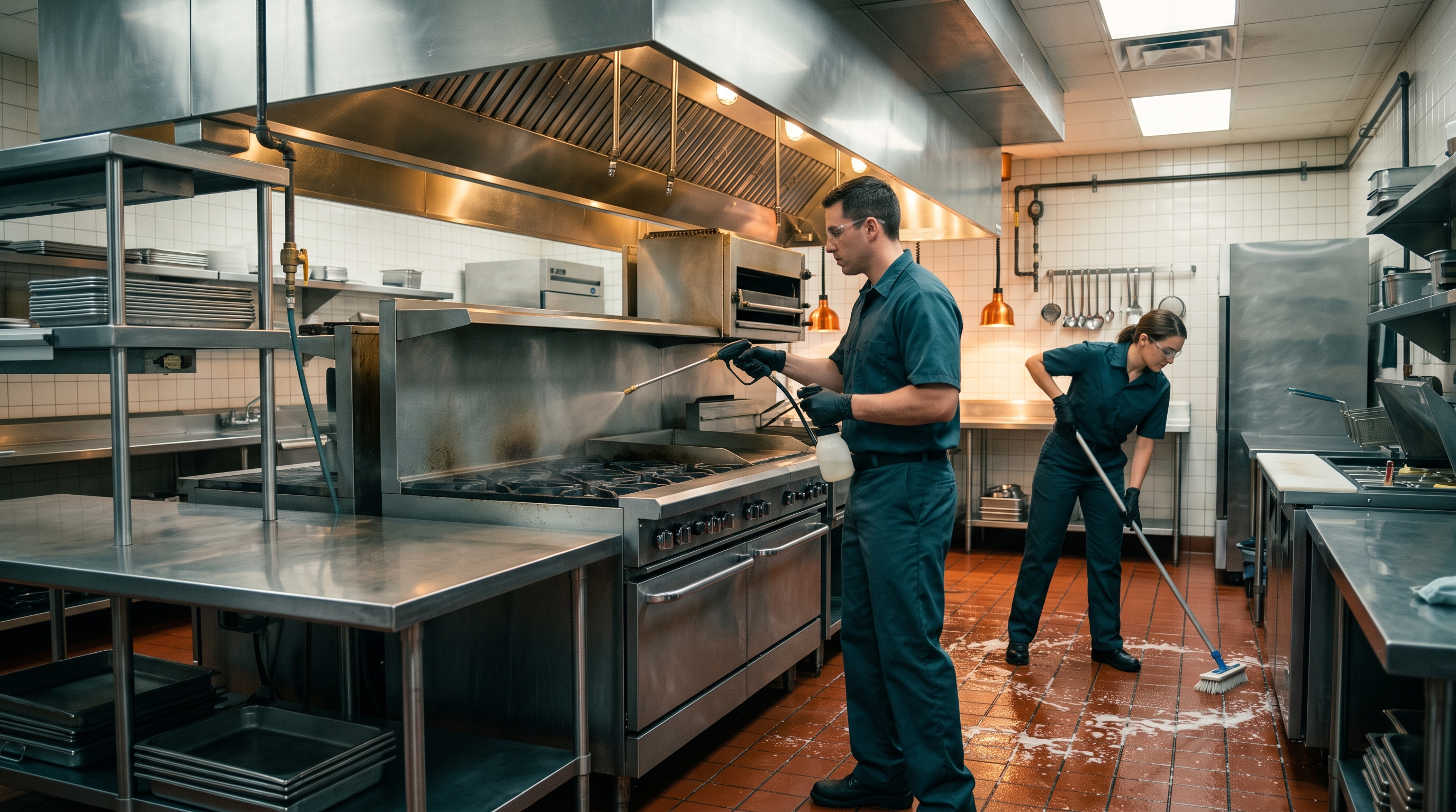 Technicians degreasing a commercial kitchen cook line and scrubbing the floor