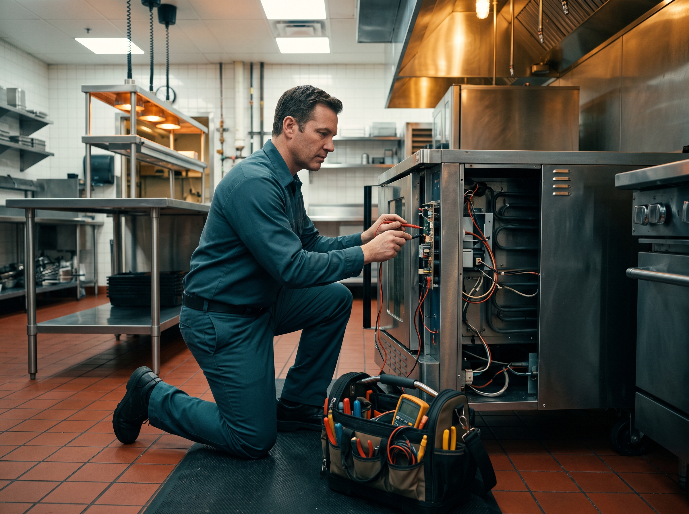 Service technician testing components inside a convection oven