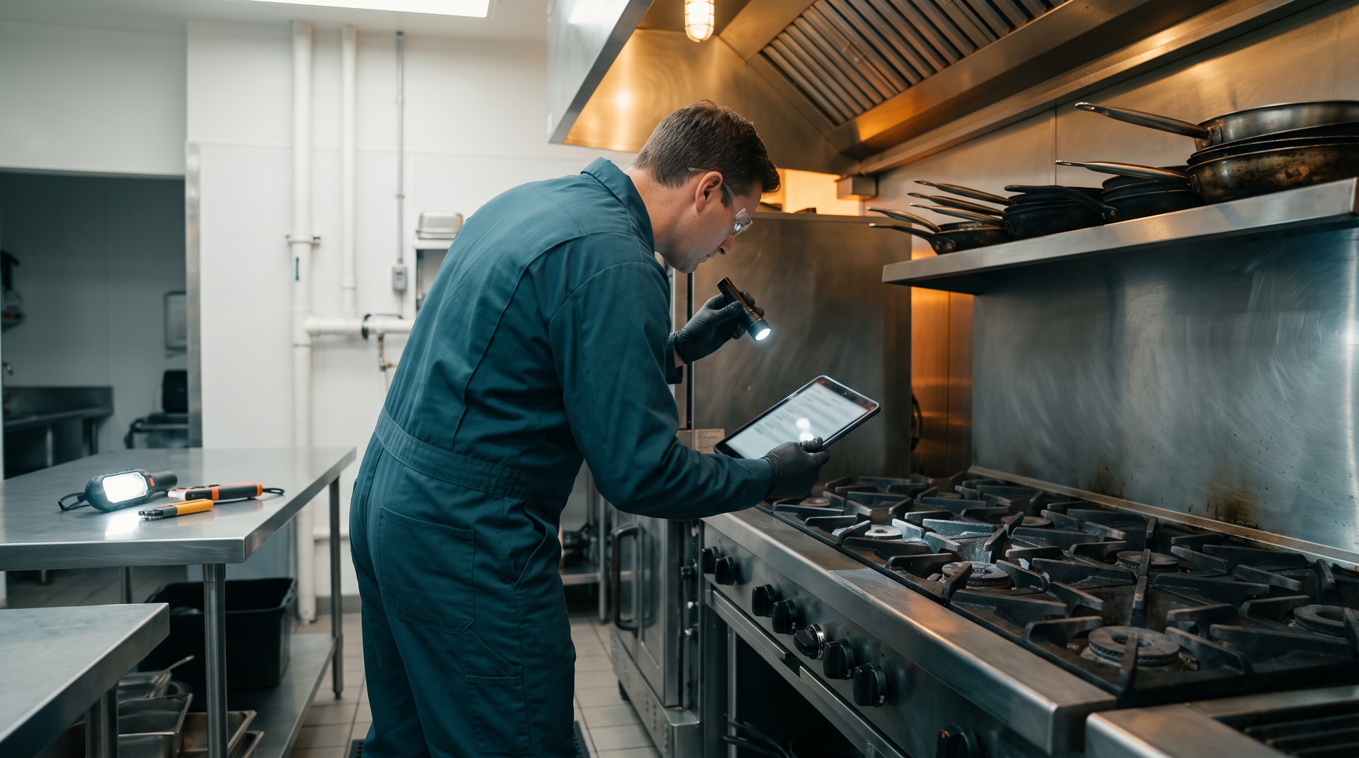 Technician inspecting the burners of a restaurant range