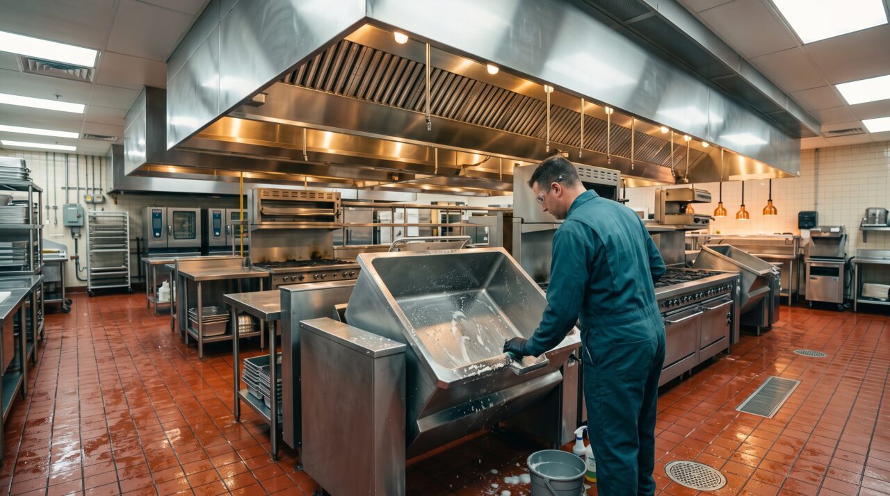Crew deep cleaning a banquet kitchen in Farmington Hills, MI
