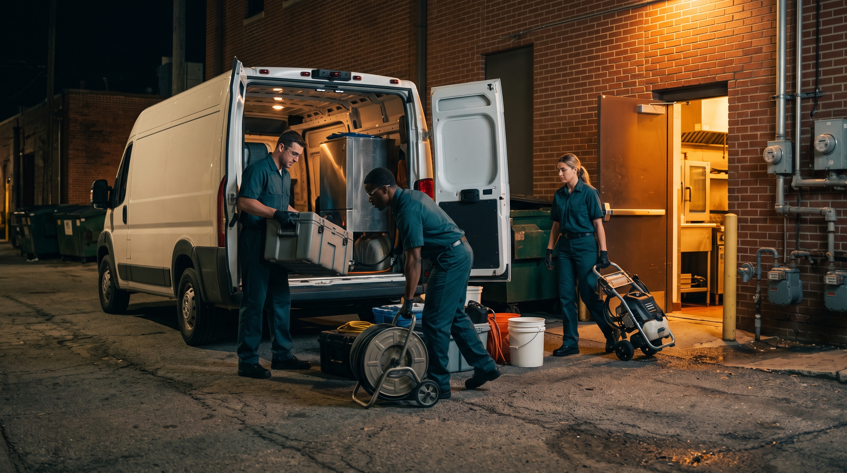 Cleaning crew unloading equipment behind a restaurant at night