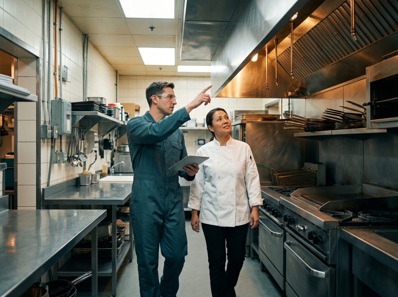 Technician reviewing a kitchen hood during an estimate in Ann Arbor, MI