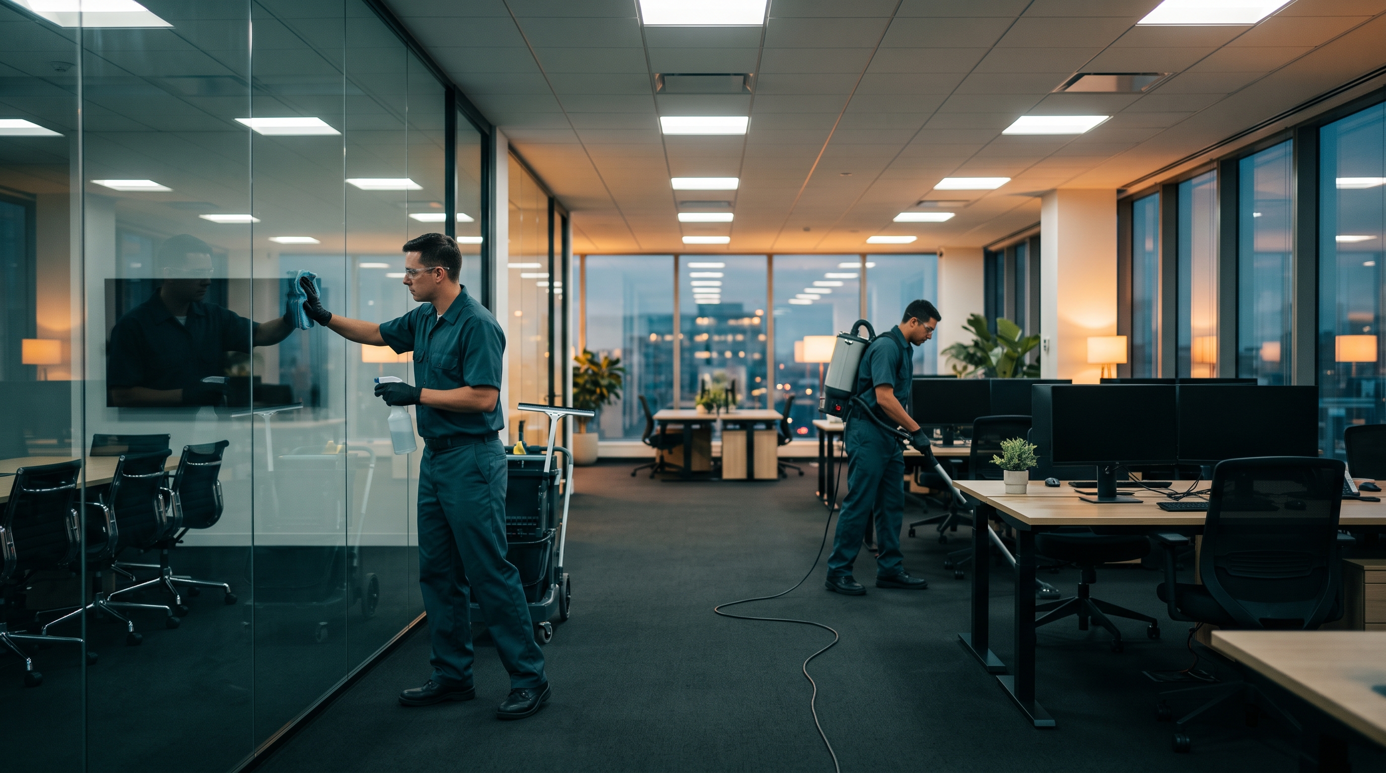 Evening janitorial crew cleaning a modern office