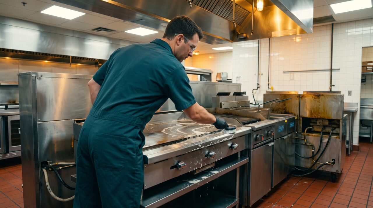 Technician degreasing a restaurant cook line in Ann Arbor, MI