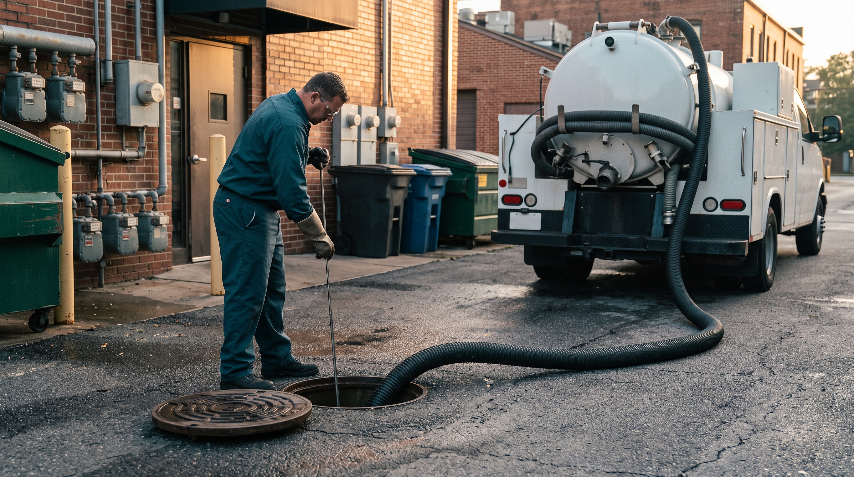 Technician servicing an in-ground grease interceptor with a vacuum truck