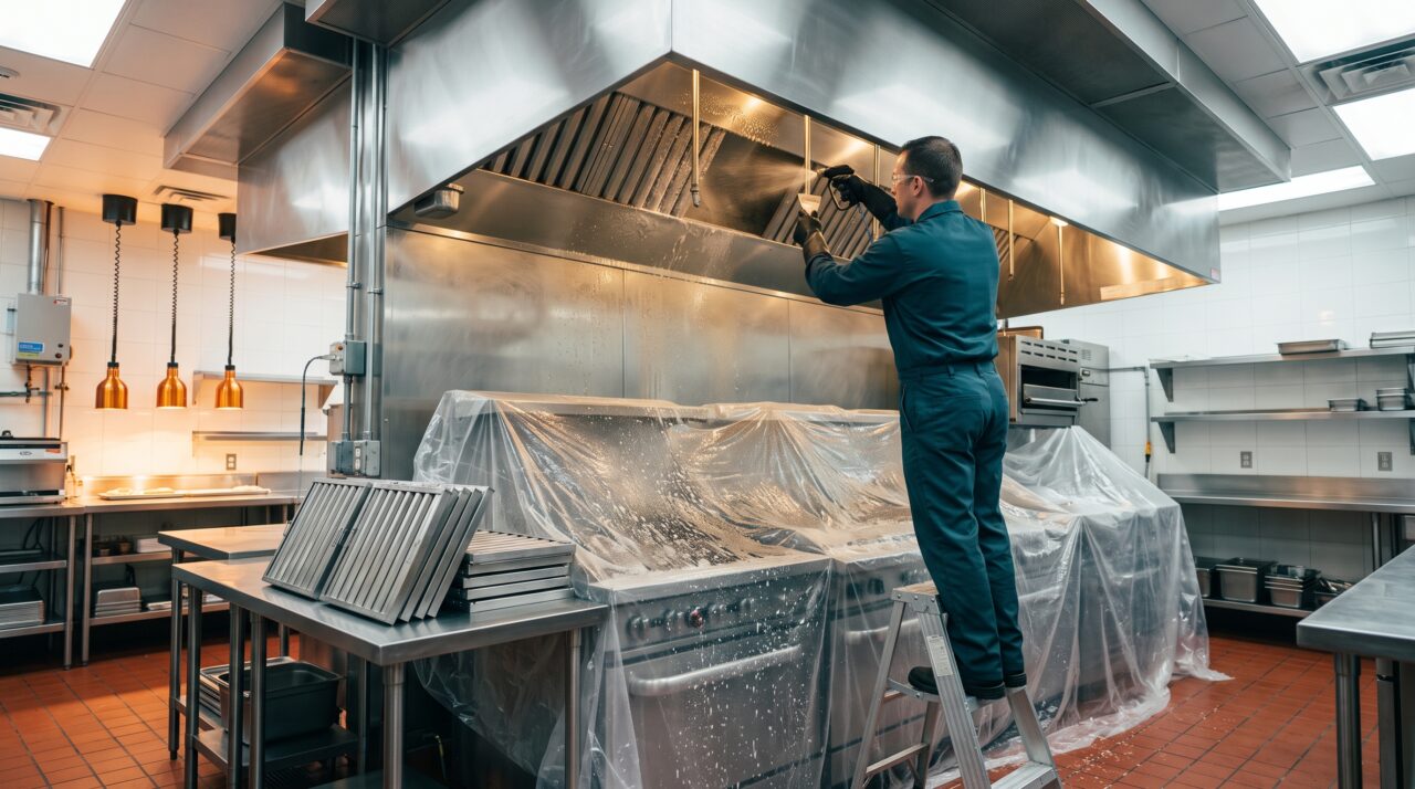Technician degreasing a restaurant exhaust hood in Canton, MI