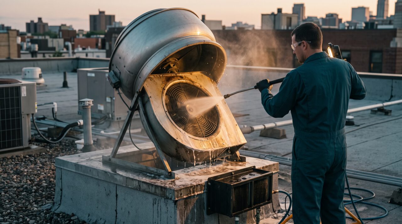 Technician cleaning a rooftop kitchen exhaust fan in Detroit, MI